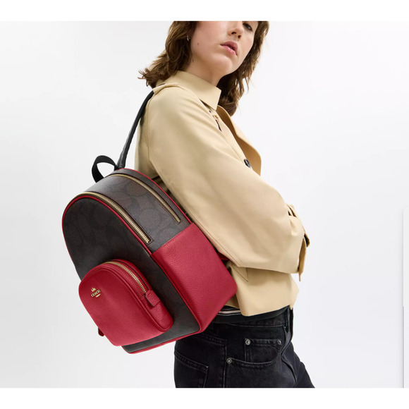 Coach Court Backpack In Signature Canvas CCK72 Walnut/True Red - Picture 9 of 11